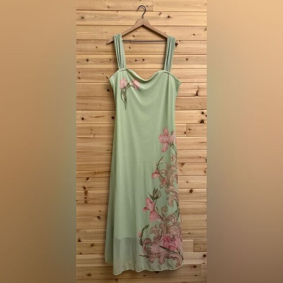 NWT Cider Size XXLarge Sage Green Square Neck Floral Mesh Overlay Maxi Dress - Picture 1 of 13